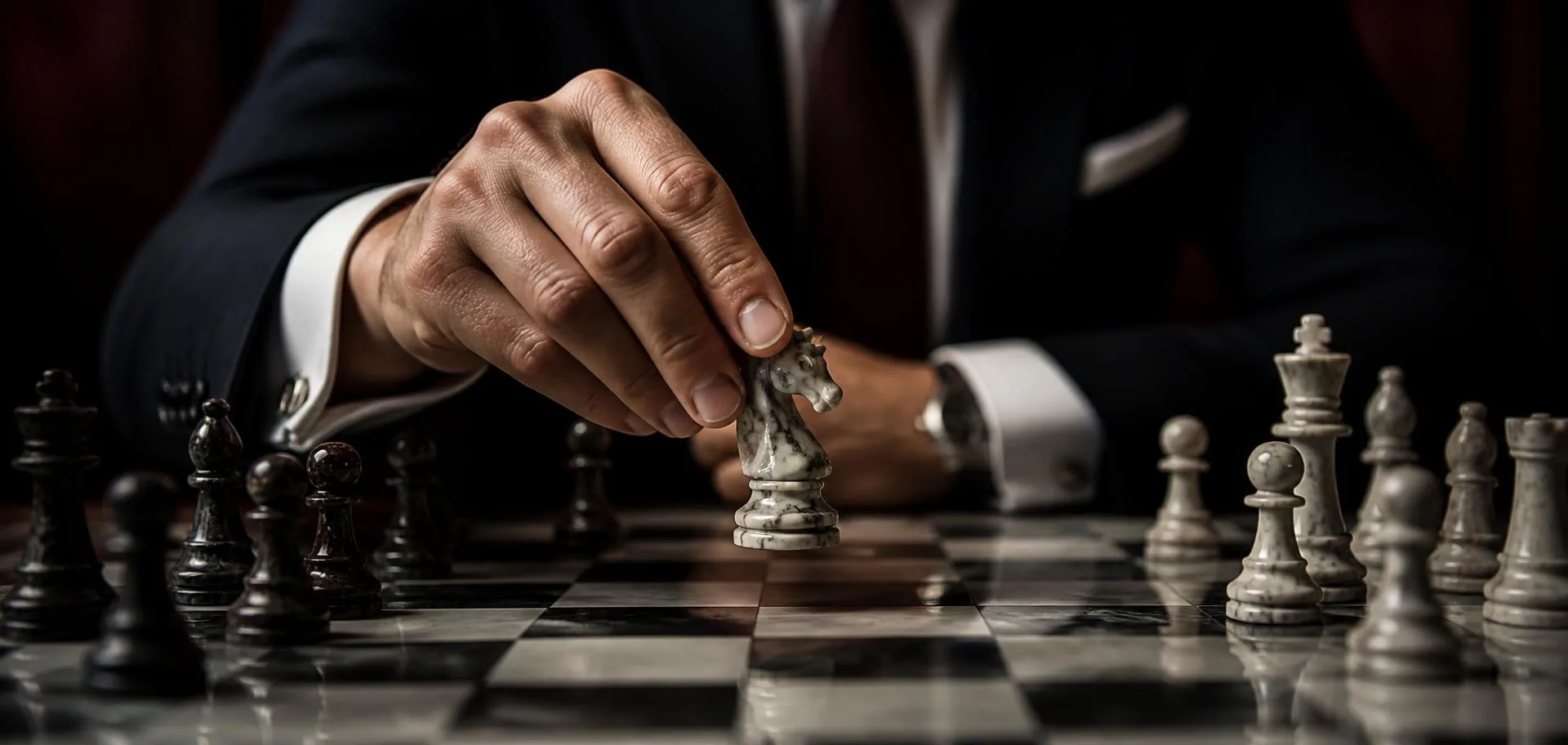 Businessman in a suit moving a marble chess knight